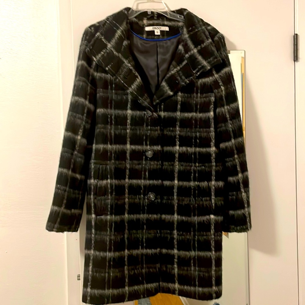 DKNY Coat. Black/ivory plaid. Size 12